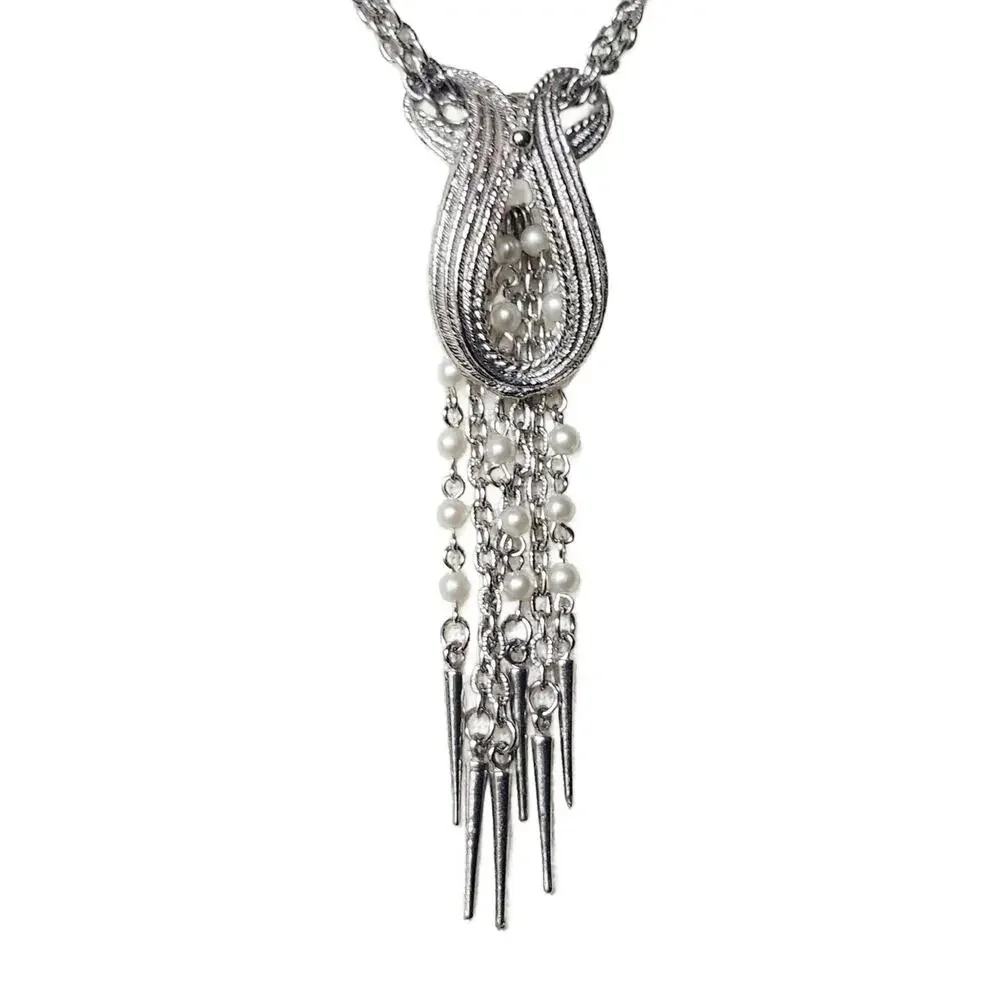 Vintage Faux Pearl Double Strand Tassel Necklace 1960s